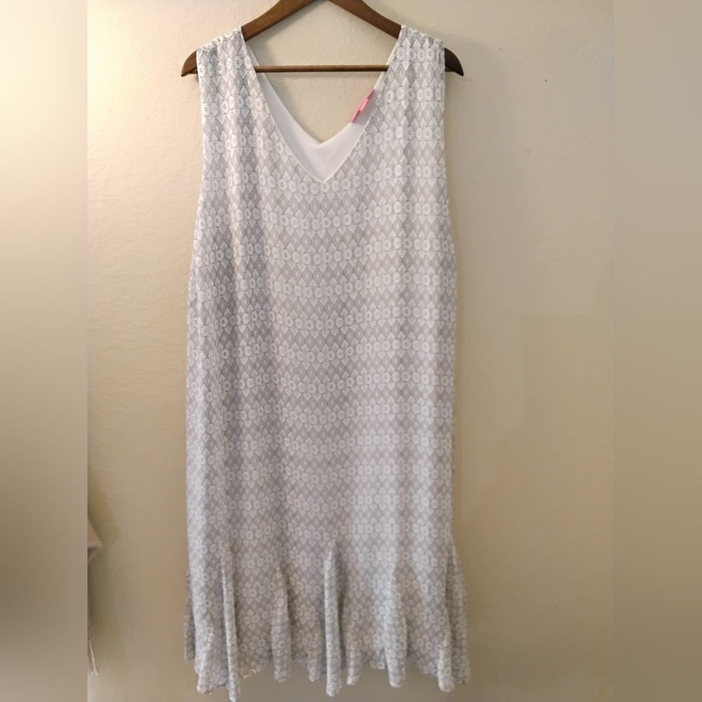 Woman Within Maxi Dress Womens Size 30W Grey White Geometric Ruffle Hem‎ V-neck